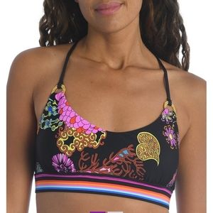 TRINA TURK Black Floral & Stripe Crisscross Bikini Top NWOT